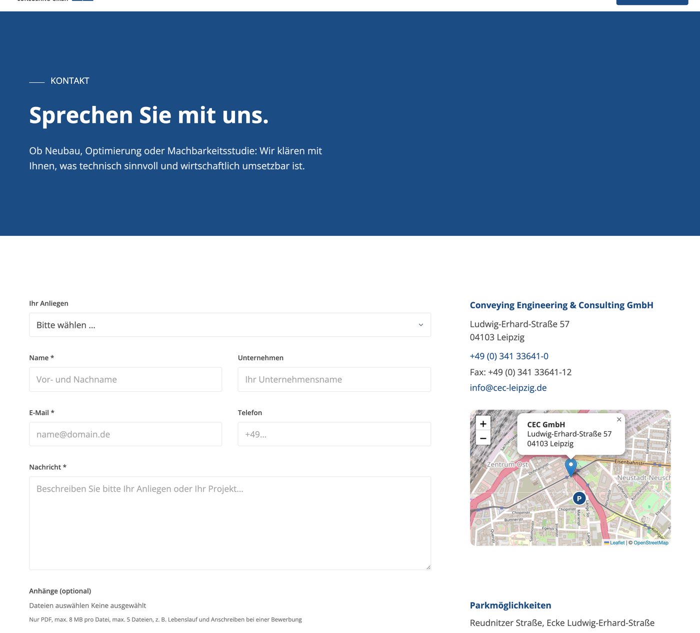 Kontaktseite der neuen CEC-Website mit Formular und Karte