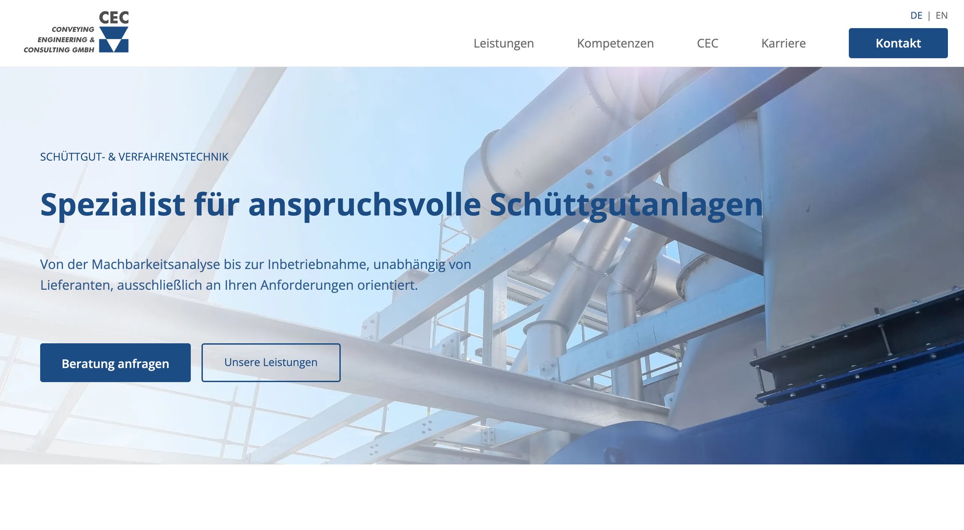 Startseite der neuen CEC-Website mit Hero-Bild einer Schüttgutanlage