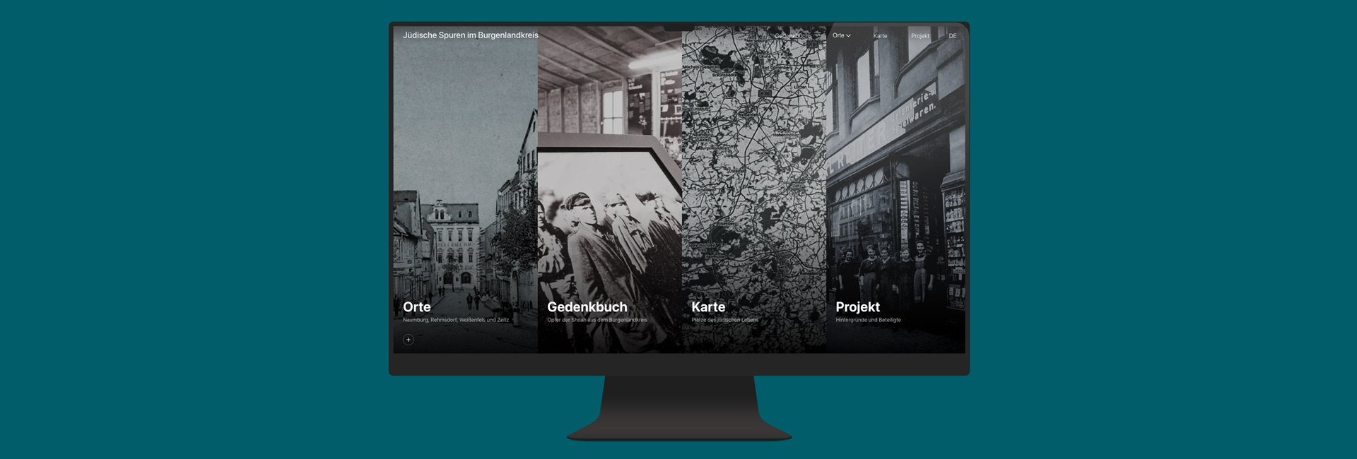 Jüdische Spuren im Burgenlandkreis – Startseite auf einem Desktop-Monitor