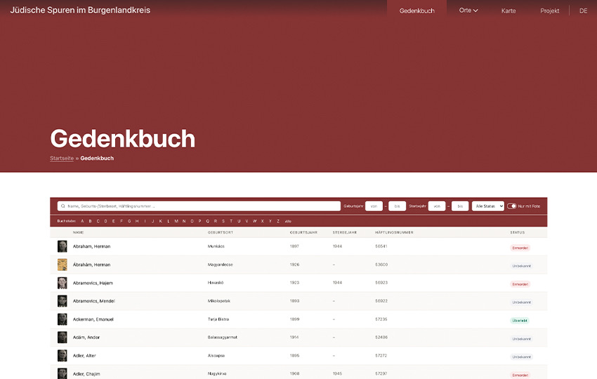 Digitales Gedenkbuch – Ansicht einer Biografie